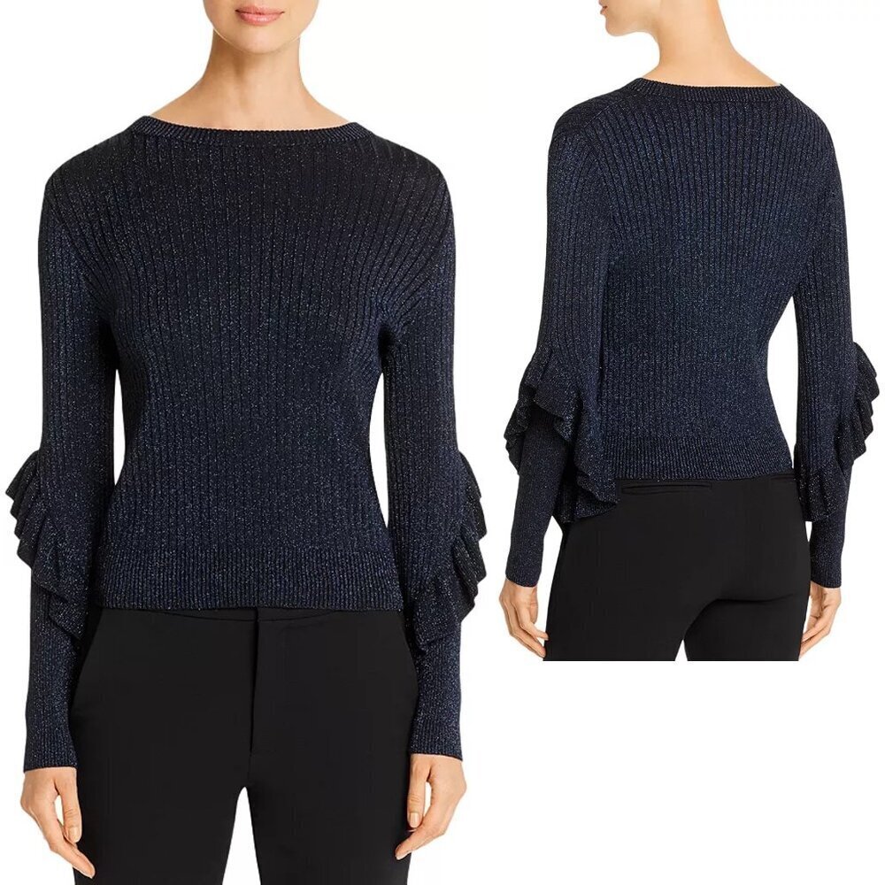 Elie Tahari Hope Ribbed Knit Navy Sparkle Sweater Size XS